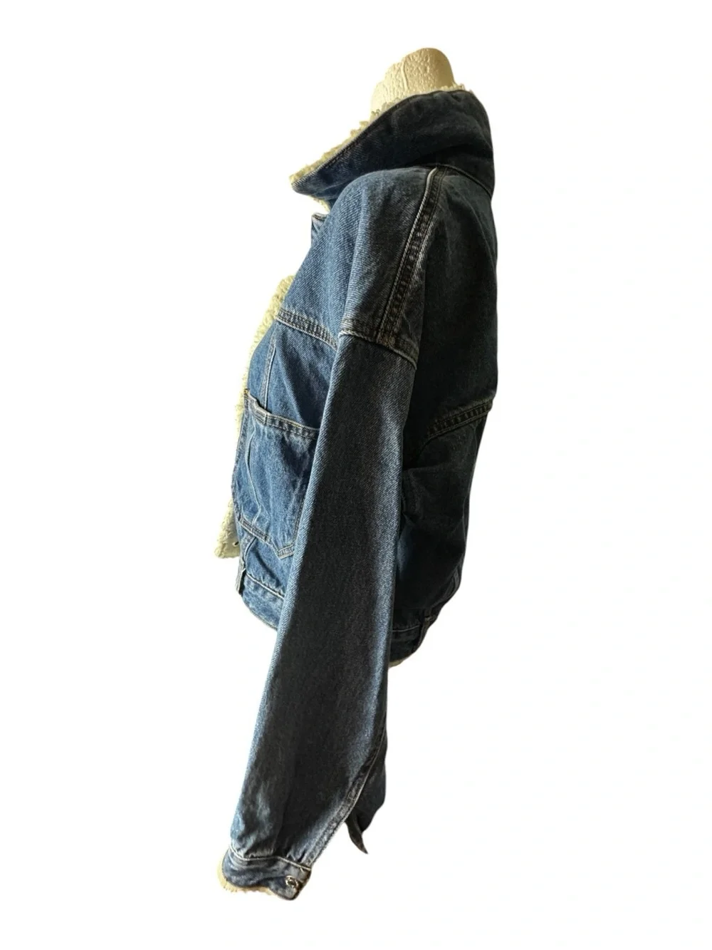 FOREVER 21 Denim Sherpa-Lined Jacket in Blue and Cream Sz S - Picture 5 of 9